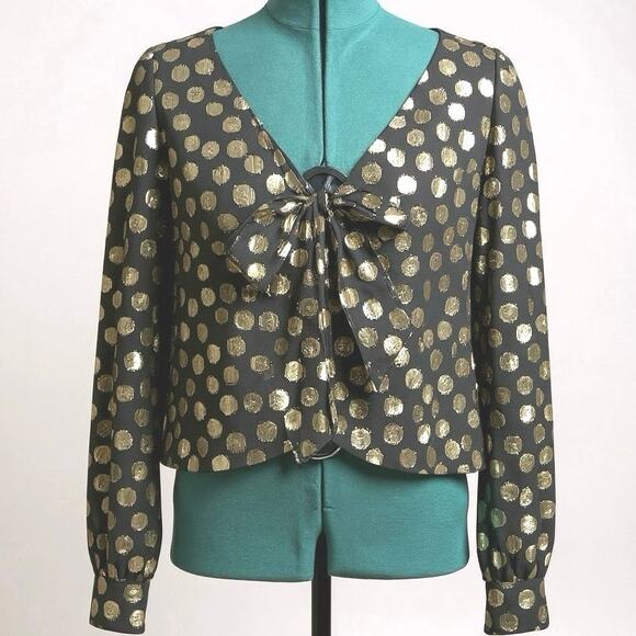 For Love & Lemons Lottie Tie Front Blouse Black Gold Metallic Dot Size M - Picture 2 of 6